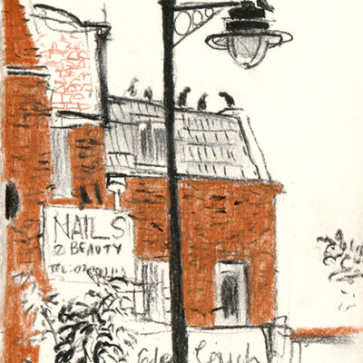 Pigeons on a street lamp, Small Market Street, Angel