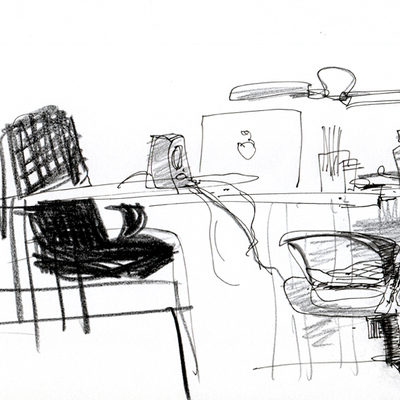 Room sketch with pen and coal